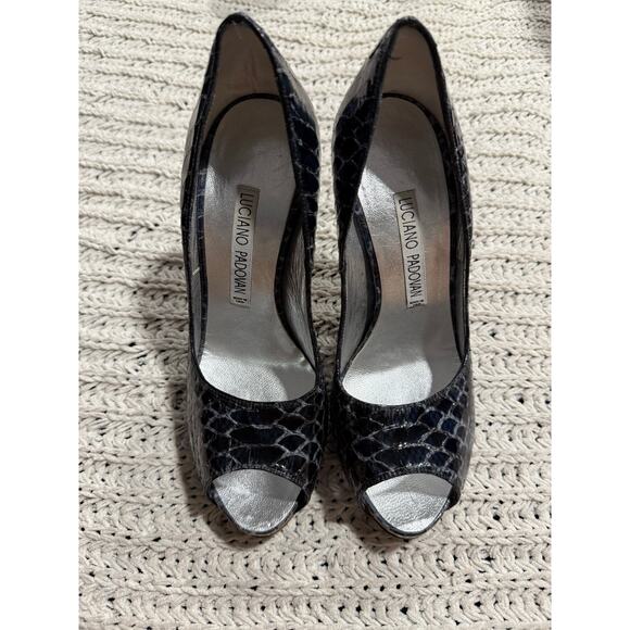 Luciano Padovan Heels Peep Toe Reptile Snake Print Women 37.5 Leather Italy Blue - Picture 2 of 11